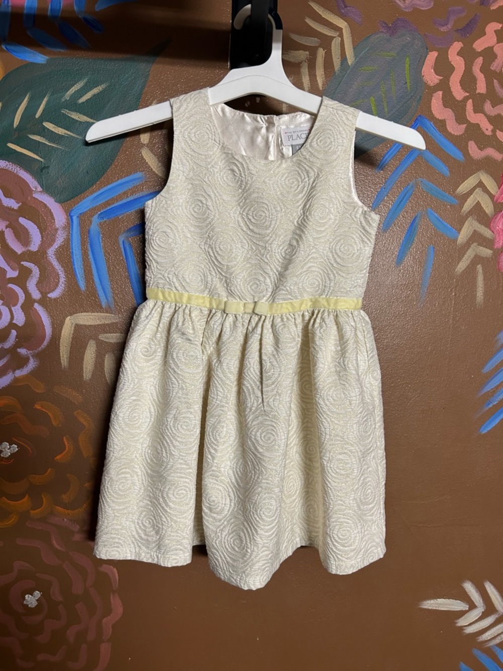 The Children's Place Cream Rose-Textured Sleeveless Dress with Yellow Waistband